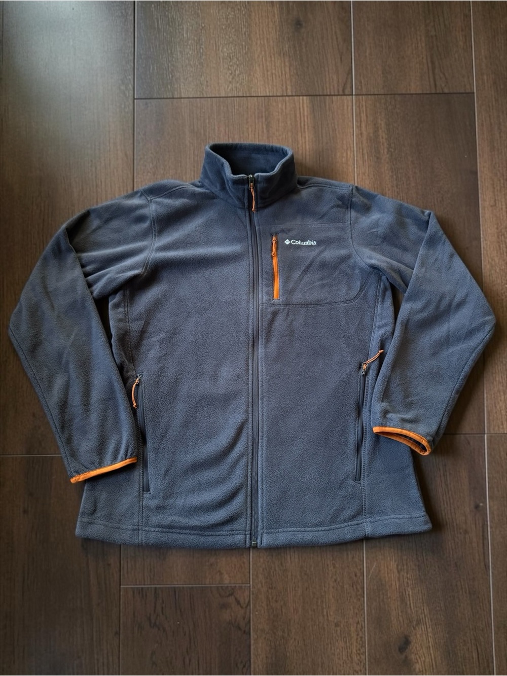 Columbia Mens Medium Gray Fleece Jacket Full Zip Orange Trim Hiking Outdoor